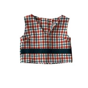 Vintage Kids Houndstooth Plaid Top Red Tan Green Button Back Vest Sleeveless